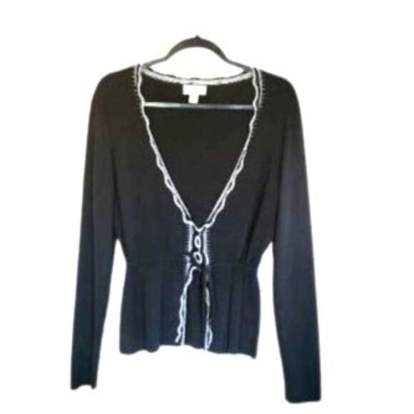 Ann Taylor Loft Womens Top Black M Long Sleeve Front Tie V Neck Sweater - Picture 1 of 8